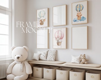 6 Set Nursery Room Mockup Frames Toy Room Wall Gallery DIN A4 A2 ISO 5x7 Minimal Kids Interior Wall Frame Vertical PSD Mockups Child Room