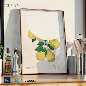 Op de afbeelding: Een ingelijste print van een aquarel van peren met groene bladeren. De print is op een lichtbeige achtergrond met het woord "Peer" en "Collection No. 11" gedrukt onder de peren.