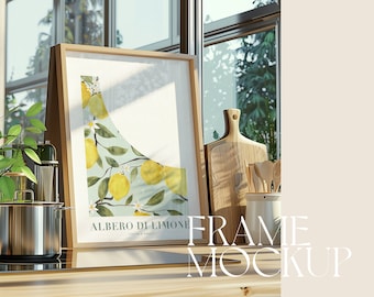 Frame Mockup Kitchen Realistic Photo Frames Interior Mock Up A4 DIN 5x7 Smart Layer Light Wood Vertical Border PSD Natural Light Mock Poster