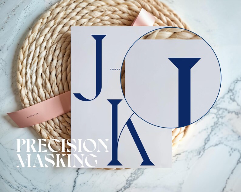 May include: A white card with the navy blue letters "J" and "K" and the word "TOGETHER" in small navy blue letters. The words "PRECISION MASKING" are printed in white at the bottom. The card is on a woven mat with a pink ribbon.