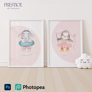 Minimal 2 Set White Frame Mockups, Clean Interior Nursery Portrait Mockup, Studio Light Cloud Pillow, A2 Size Leaning Canvas Wall Wood Floor