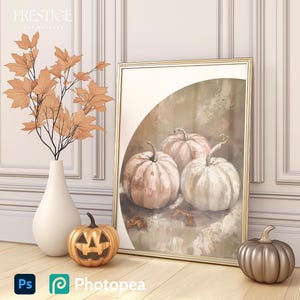 Halloween Golden Frame Mockup, Cozy Warm Pastel Minimal Interior Mock-up, Neutral-toned Leaning Wall Art Mockups Modern Portrait A2 Size PSD