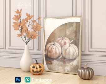 Halloween Golden Frame Mockup, Cozy Warm Pastel Minimal Interior Mock-up, Neutral-toned Leaning Wall Art Mockups Modern Portrait A2 Size PSD