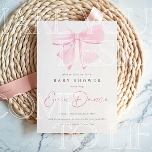 5x7 Invite Mockup Gender Reveal Pink Ribbon Silk Invitation Baby Shower Card Mockup Canva Greeting Card Bridal Shower Stationary Party Decor
