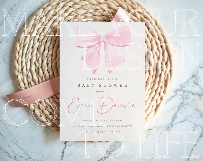 5x7 Invite Mockup Gender Reveal Pink Ribbon Silk Invitation Baby Shower Card Mockup Canva Greeting Card Bridal Shower Stationary Party Decor