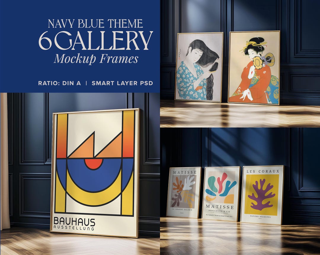 Bundle Mockup Gallery 6 Frames Set Elegant Leaning Wall Thin Gold Frame ...