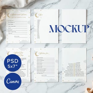 5 x 7 baby shower set van zes gamekaart mockup moderne boho uitnodigingsset canva genderneutraal baby stationair PSD-sjabloon voor maatwerk