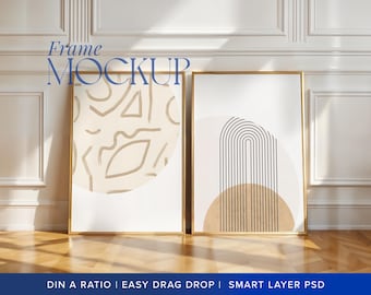 Gallery Interior Classic Mockup 2 Set Frame Boho Mockup Gold Elegant Border Smart Layer Bright Poster Scandinavian Wall Art  PSD Vertical A2