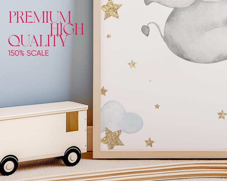 May include: A framed print with a watercolor illustration of a gray elephant flying in the sky with gold glitter stars and clouds. The print has the text "PREMIUM HIGH QUALITY 150% SCALE" on the bottom left corner.