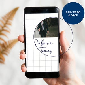 Puede incluir: Una pantalla de tel&eacute;fono inteligente que muestra un patr&oacute;n de cuadr&iacute;cula con una foto circular de una pareja en un entorno boscoso. La foto est&aacute; rodeada de un c&iacute;rculo blanco con el texto "Sabrina Tomas" escrito en cursiva.