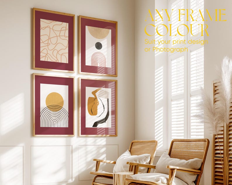 Inviting Living Room Mockup 4 Set, Warm Interior Wall Art Mock-up, Sunlit Oak Border Frame Gallery Mockups A Size Vertical PSD Portrait