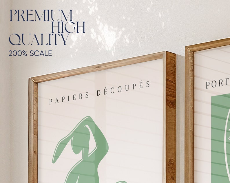 Puede incluir: Dos impresiones enmarcadas con un dise&ntilde;o minimalista. La impresi&oacute;n de la izquierda presenta una silueta verde de una persona con el texto "PAPIERS D&Eacute;COUP&Eacute;S" en azul. La impresi&oacute;n de la derecha presenta un rect&aacute;ngulo verde con el texto "PORT" en azul.
