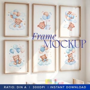 May include: A mockup of four framed prints featuring watercolour illustrations of teddy bears holding balloons. The prints are hung on a white wall with a wooden floor and a window in the background. The text "Frame Mockup" is written in blue and white letters on the wall.