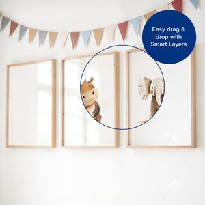 May include: Three framed prints with a white background. The prints feature illustrations of a hippopotamus and an elephant. The text "Easy drag & drop with Smart Layers" is visible in the top right corner of the image.