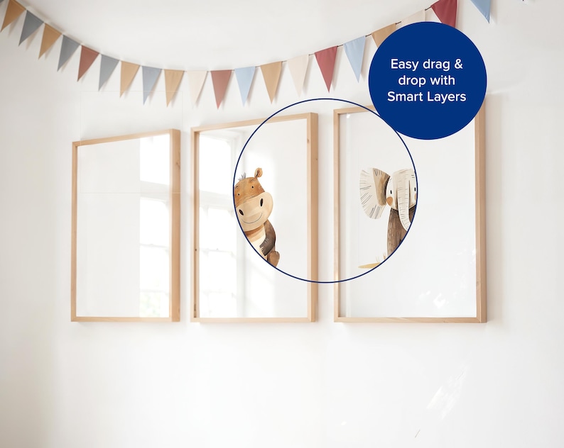 May include: Three framed prints with a white background. The prints feature illustrations of a hippopotamus and an elephant. The text "Easy drag & drop with Smart Layers" is visible in the top right corner of the image.