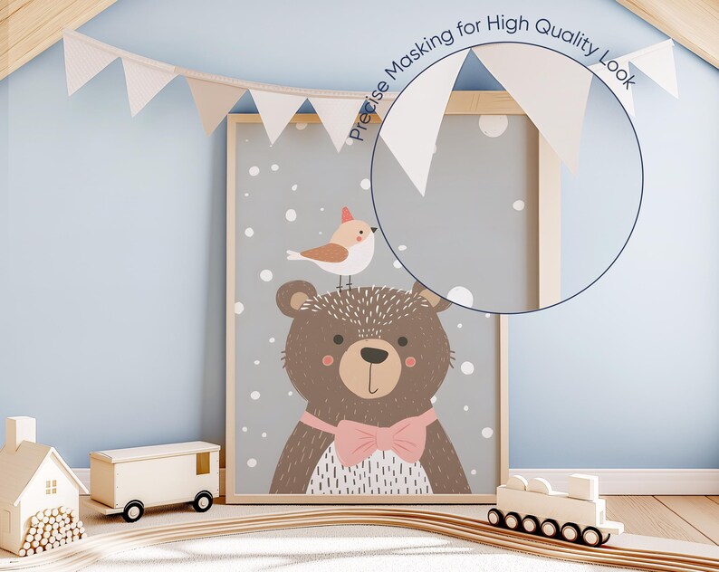 May include: A framed print with a cute cartoon illustration of a brown bear wearing a pink bow tie and a small bird perched on its head. The background is a light gray with white dots.