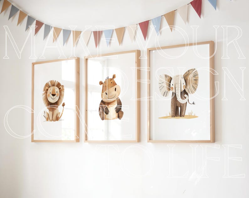 Set of 3 Mockup Wall Art Nursery Natural Light Child Bedroom Three Wood Frame Mock up Minimal Blank Portrait PSD Flag Bunting Neutral Light