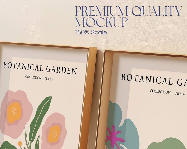 May include: Two framed prints with gold frames, each featuring a botanical illustration with the text "Botanical Garden" and a collection number. The print on the left features pink flowers and green leaves, while the print on the right features pink, green, and blue flowers and leaves.