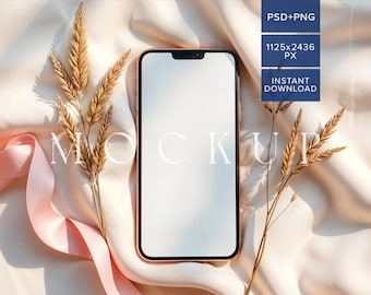 Maqueta de pantalla de iPhone para baby shower, cinta rosa, teléfono celular, despedida de soltera, invitación electrónica bohemia, capa inteligente, PSD, suministros para fiestas, plantilla digital para eventos