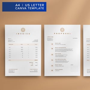 May include: A set of three white Canva templates for business documents, including an invoice, proposal, and receipt. The templates have a minimalist design with gold accents and are labeled "A4 | US LETTER CANVA TEMPLATE" in a blue banner.