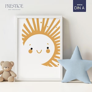 Gemütliches Kinderzimmer Weißer Rahmen Mockup, sauberes, gedämpftes Interieur Portrait Mockup, pastellfarbenes Sternenkissen, lehnende Leinwand Wand Holzboden DIN A3