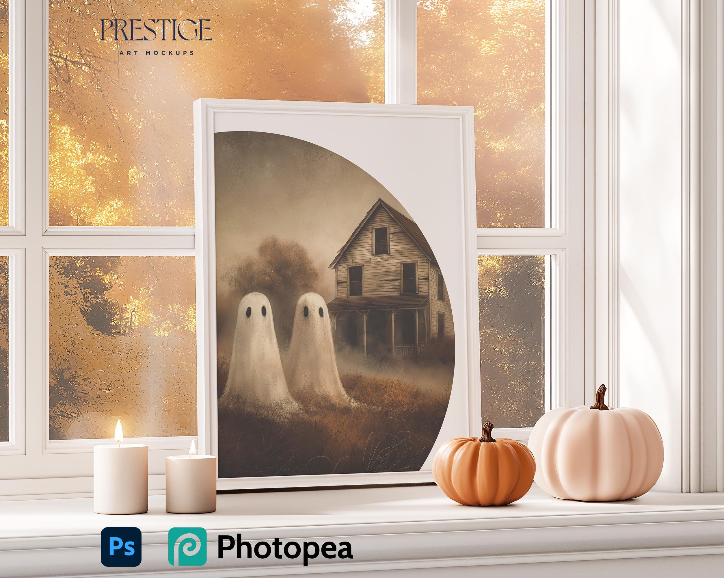 Halloween Close-up Frame Mockup, Clean White Border Mount, Orange Pumpkin Small Lit Candles, Cozy Autumn Cream Interior A4 Size Ratio 5x7