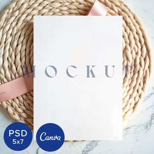 5x7 Invite Mockup Gender Reveal Pink Ribbon Silk Invitation Baby Shower Card Mockup Canva Greeting Card Bridal Shower Stationary Party Decor