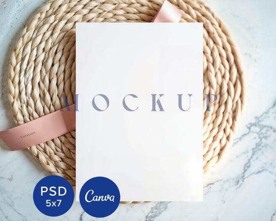 5x7 Invite Mockup Gender Reveal Pink Ribbon Silk Invitation Baby Shower Card Mockup Canva Greeting Card Bridal Shower Stationary Party Decor