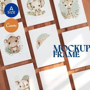 May include: A collection of canvas art prints featuring watercolor illustrations of safari animals, including a giraffe, elephant, zebra, and hippo. The prints are displayed on a wooden surface, with the text "MOCKUP FRAME" visible.