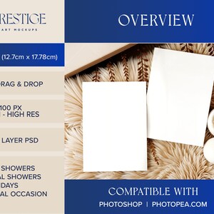 May include: Two blank white 5x7 inch cards on a faux fur background with brown dried flowers and white decorative candles. The cards are compatible with Photoshop and Photopea.com.  The text "OVERVIEW" is at the top of the image.