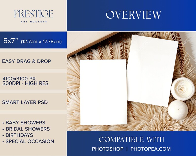 May include: Two blank white 5x7 inch cards on a faux fur background with brown dried flowers and white decorative candles. The cards are compatible with Photoshop and Photopea.com.  The text "OVERVIEW" is at the top of the image.