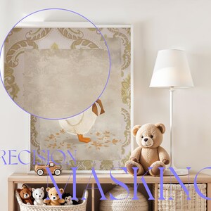 May include: A framed print of a white goose with a brown head and beak, standing on a patterned rug. The print is in a white frame with a gold-colored border. The print is hanging on a white wall. There are two teddy bears and a toy truck on a wooden shelf below the print.
