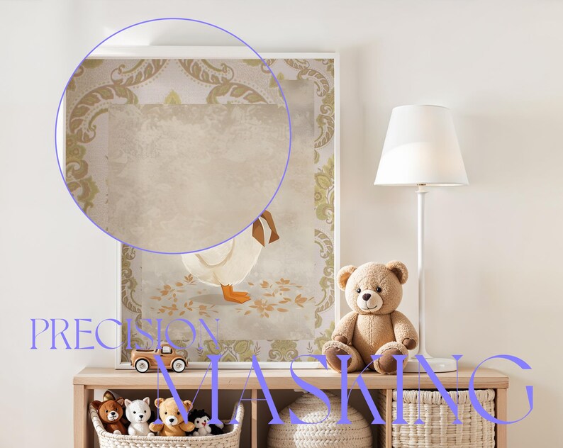 May include: A framed print of a white goose with a brown head and beak, standing on a patterned rug. The print is in a white frame with a gold-colored border. The print is hanging on a white wall. There are two teddy bears and a toy truck on a wooden shelf below the print.