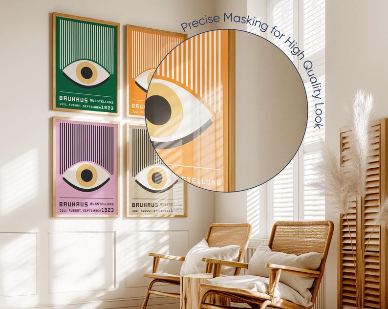 May include: Four framed prints with a Bauhaus design. Each print features a large eye with a colorful background and the text "BAUHAUS AUSSTELLUNG" and "JULI, AUGUST, SEPTEMBER 1923".
