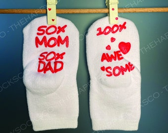 Unisex Baby Shower Gift, "50/50 Mom and Dad" Socks for Baby, Cute Baby Socks, Fun Baby Shower Gifts for Mom Dad, Cute Gift Socks for Newborn