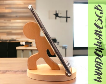 Support pour téléphone en bois avec figurine humaine, Support pour téléphone portable en bois, Support pour téléphone en bois pour bureau, Support pour téléphone fait main