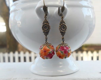 OOAK Lamp Work Bead Dangle Drop Earring/Pink and Peach Glass/Shabby Chic Jewelry/Gifts for Her/Mother's Day Gifts