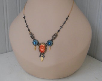 Iridescent Orange and Blue Czech Bead Necklace/OOAK Jewelry/Czech Bead Jewelry/Gifts for Her/Valentine's Day Gift/Mother's Day Gift