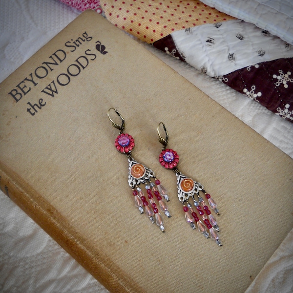 Boho Hippie Czech Glass Beaded Dangle Earrings || Shabby Chic Earrings || Long Statement Earrings || Handmade Earrings || OOAK Jewelry