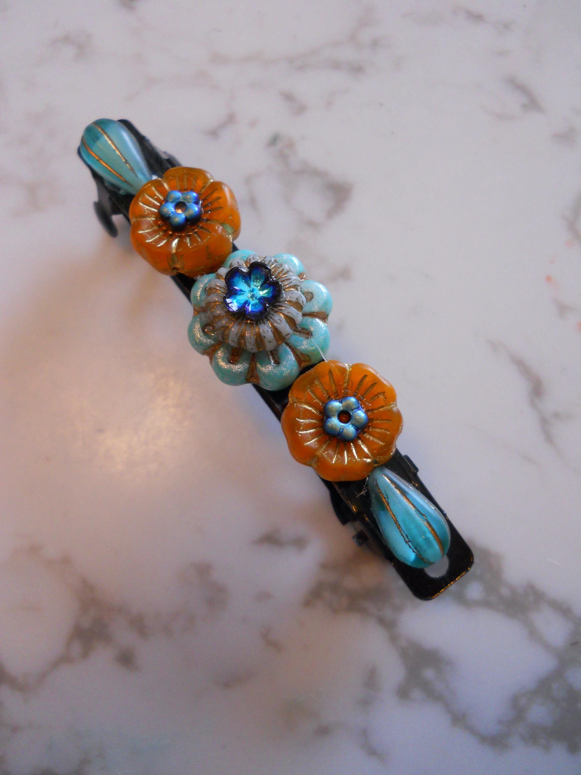 Handmade Pink Dichroic Glass Bar Hair Barrette France Medium Dichroic Glass Barrette, Pink, Silver, Green, Black  main image 2