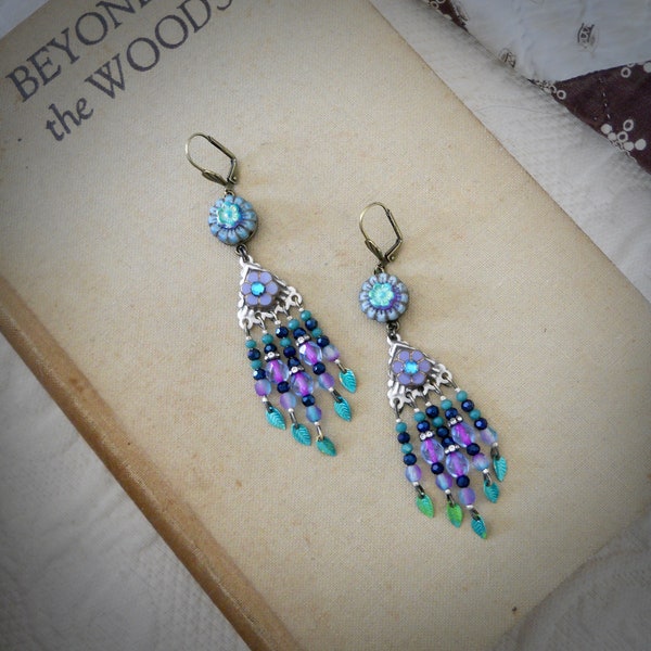 Boho Hippie Czech Glass Beaded Dangle Earrings || Shabby Chic Earrings || Long Statement Earrings || Handmade Earrings || OOAK Jewelry