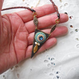 Czech Bead Leather Necklace: Turquoise Flower Pendant, Mixed Metal Jewelry
