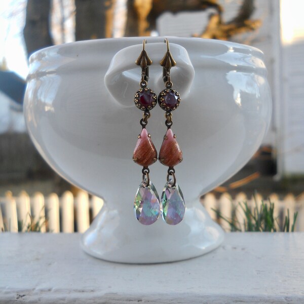 OOAK Dangle Drop Lever Back Swarovski Earrings/Bohemian Jewelry/Shabby Chic/Gifts for Her/Mother's Day Gifts