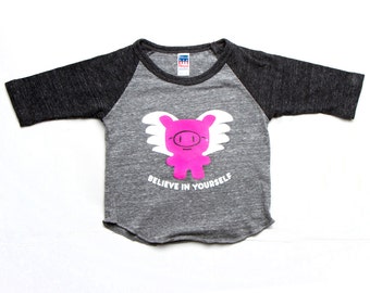 Believe in Yourself Flying Pig Black and Heather Gray Baby Toddler Kid Raglan