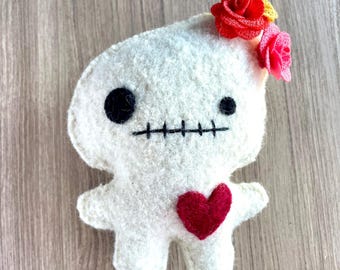 White Floral  Foodoo Love Doll - Handmade Recycled Wool Sweater Sighfoo Weird Plush Toy