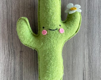 Green Flowering Saguaro Cactus - Upcycled Recycled Wool Plush Stuffie Sighfoo Toy