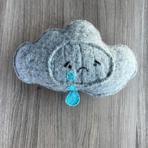 May include: A grey felt cloud toy with a sad face and a turquoise teardrop. The cloud has a stitched outline and a simple, cartoon design. The background is a wooden surface.