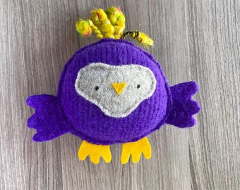 Handmade Purple Owl Plush: Recycled Wool & Cashmere Sweater Softie