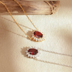 Garnet Birthstone Necklace: Vintage CZ Pendant, Gold Plated Silver
