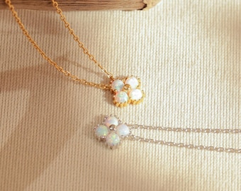 Dainty White Opal Necklace: 14K Gold Plated Sterling Silver Pendant